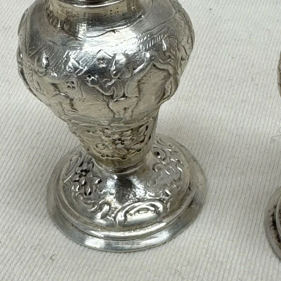 Antique Coin Silver Repousse Salt & Pepper Shakers Figural Dancing Scene 19c